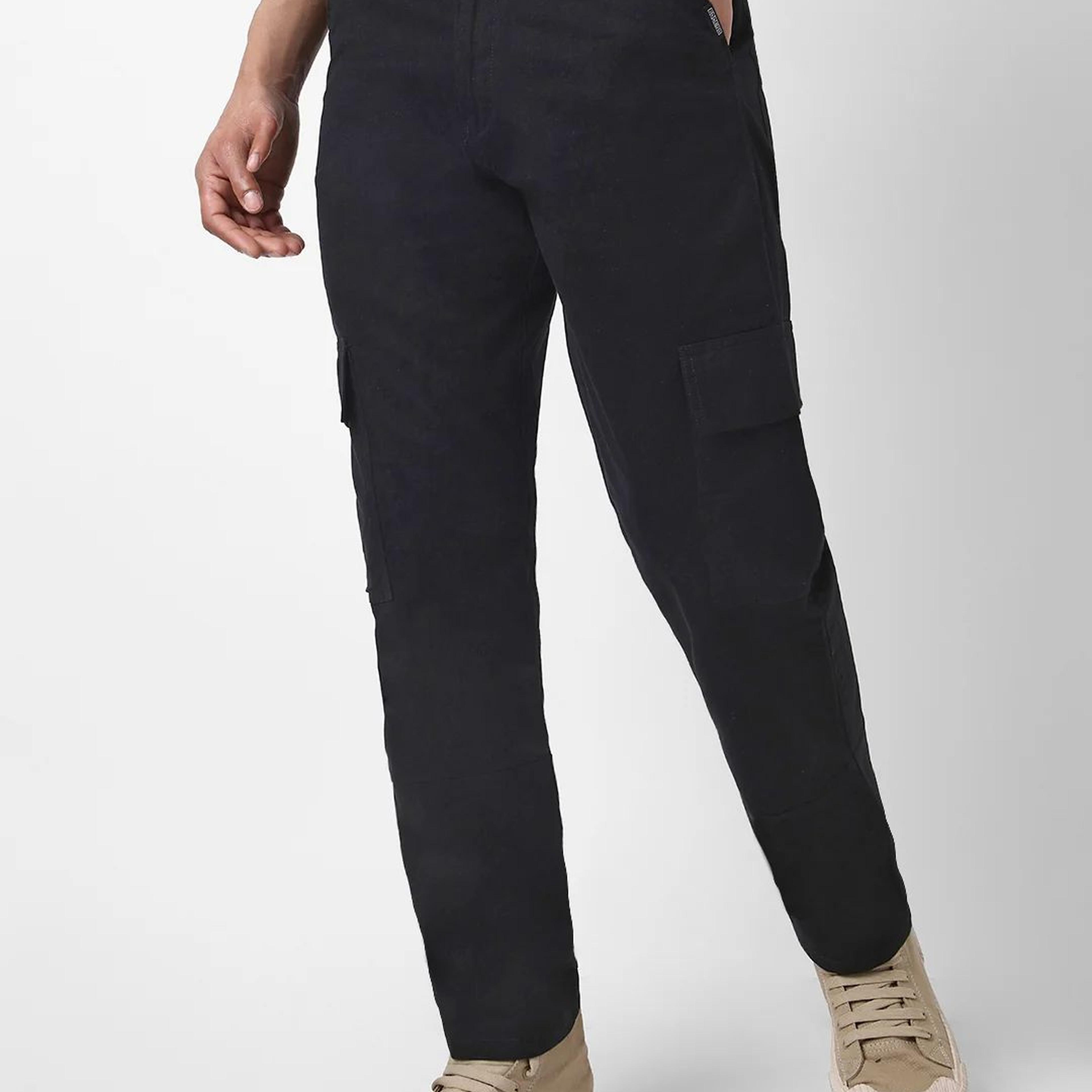 Men's Black Regular Fit Solid Cargo Chino Pant with 6 Pockets Stretchable