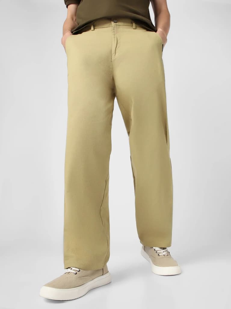 Men's Light Olive Loose Baggy Fit Solid Chino Trousers Non-Stretchable — 28 / Light Olive