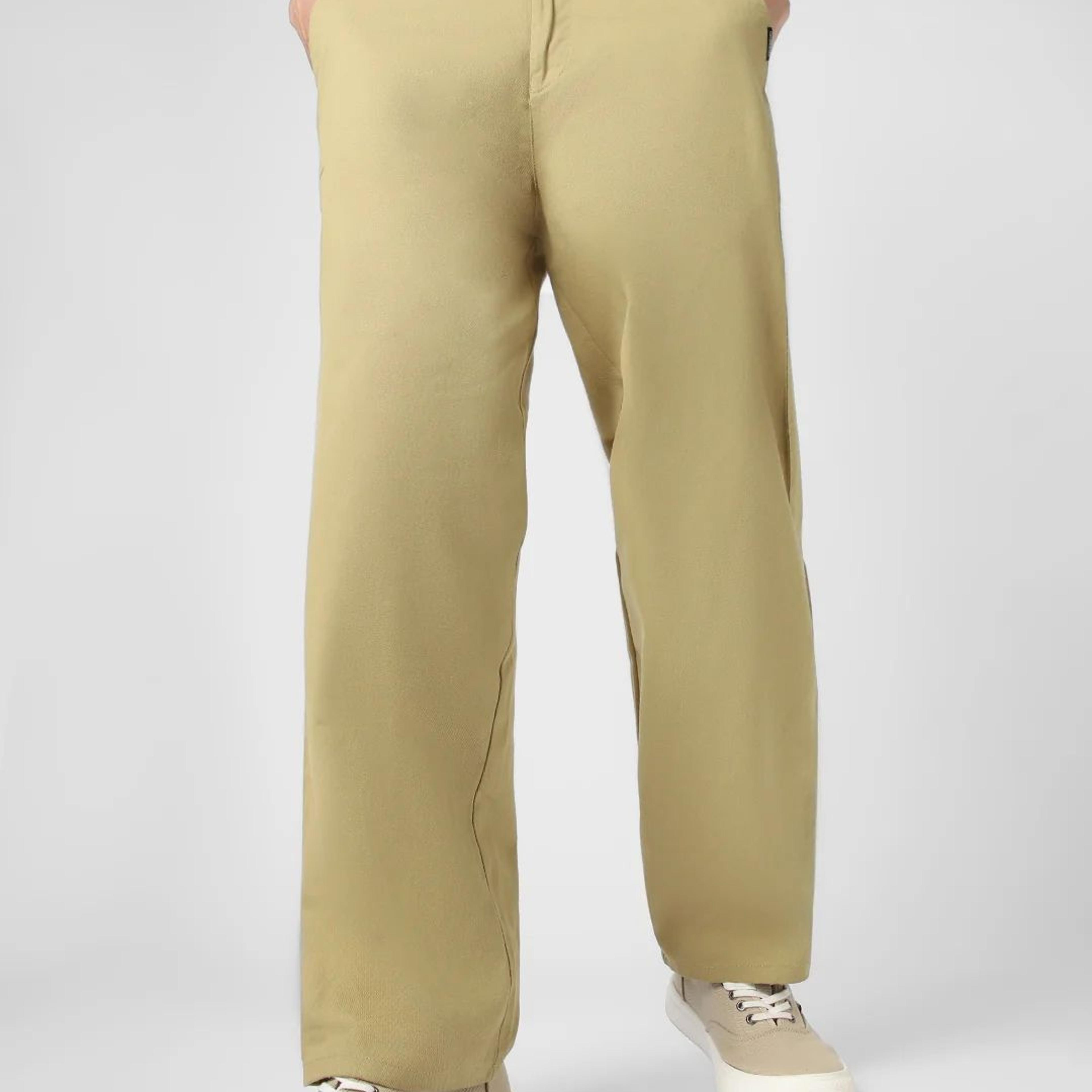 Men's Light Olive Loose Baggy Fit Solid Chino Trousers Non-Stretchable