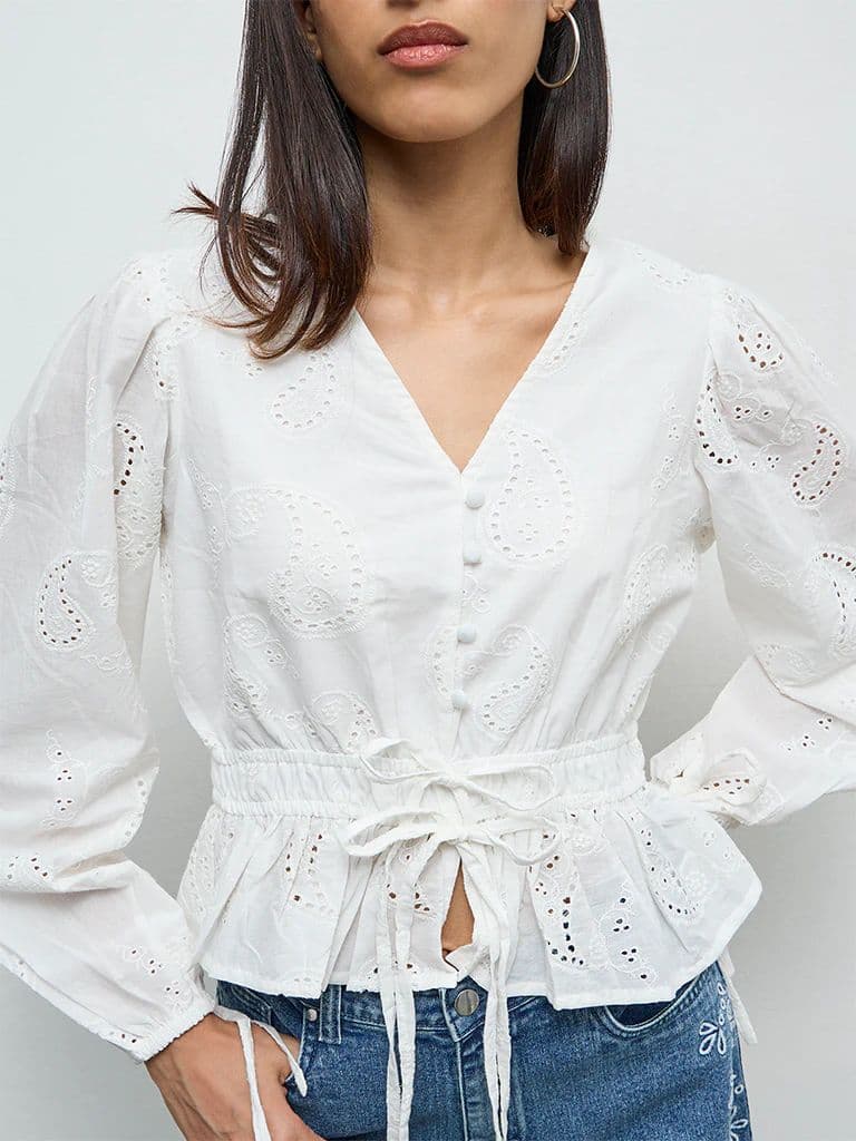LOV Off-White Paisley Embroidered Cotton Blouse — photo 3