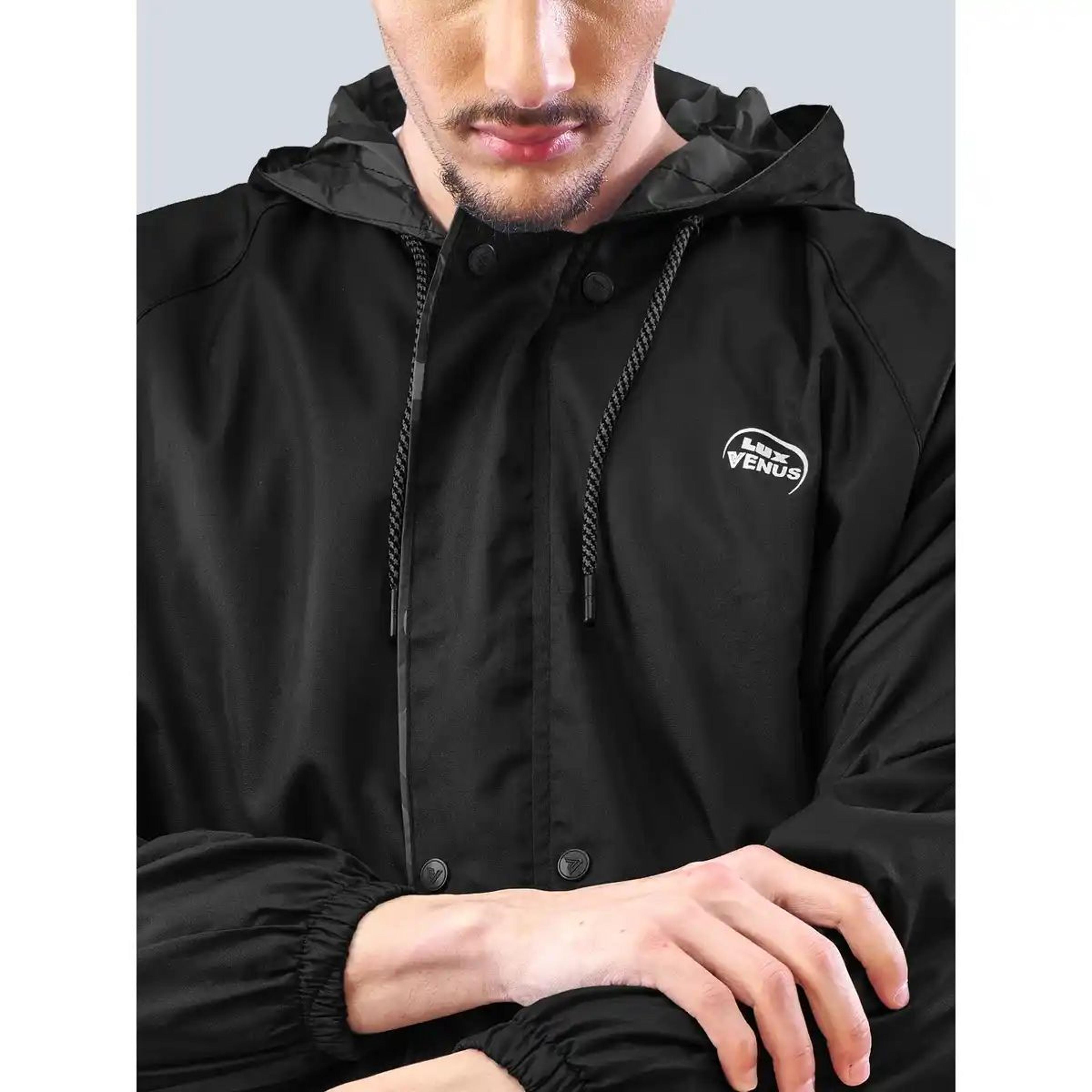 Lux Venus Lightweight Hooded Reversible Raincoat for Men With Waterproof Pant - Black | 3XL