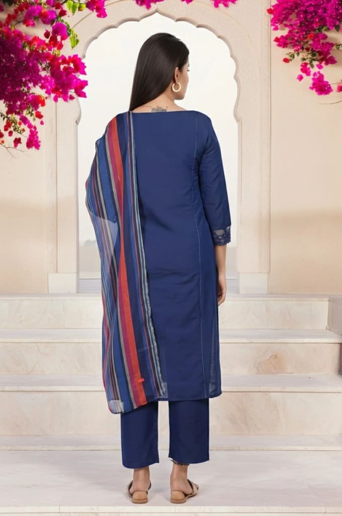 Navy Blue Solid Lace Trim Straight Kurta with Straight Pant and Dupatta Set — photo 5