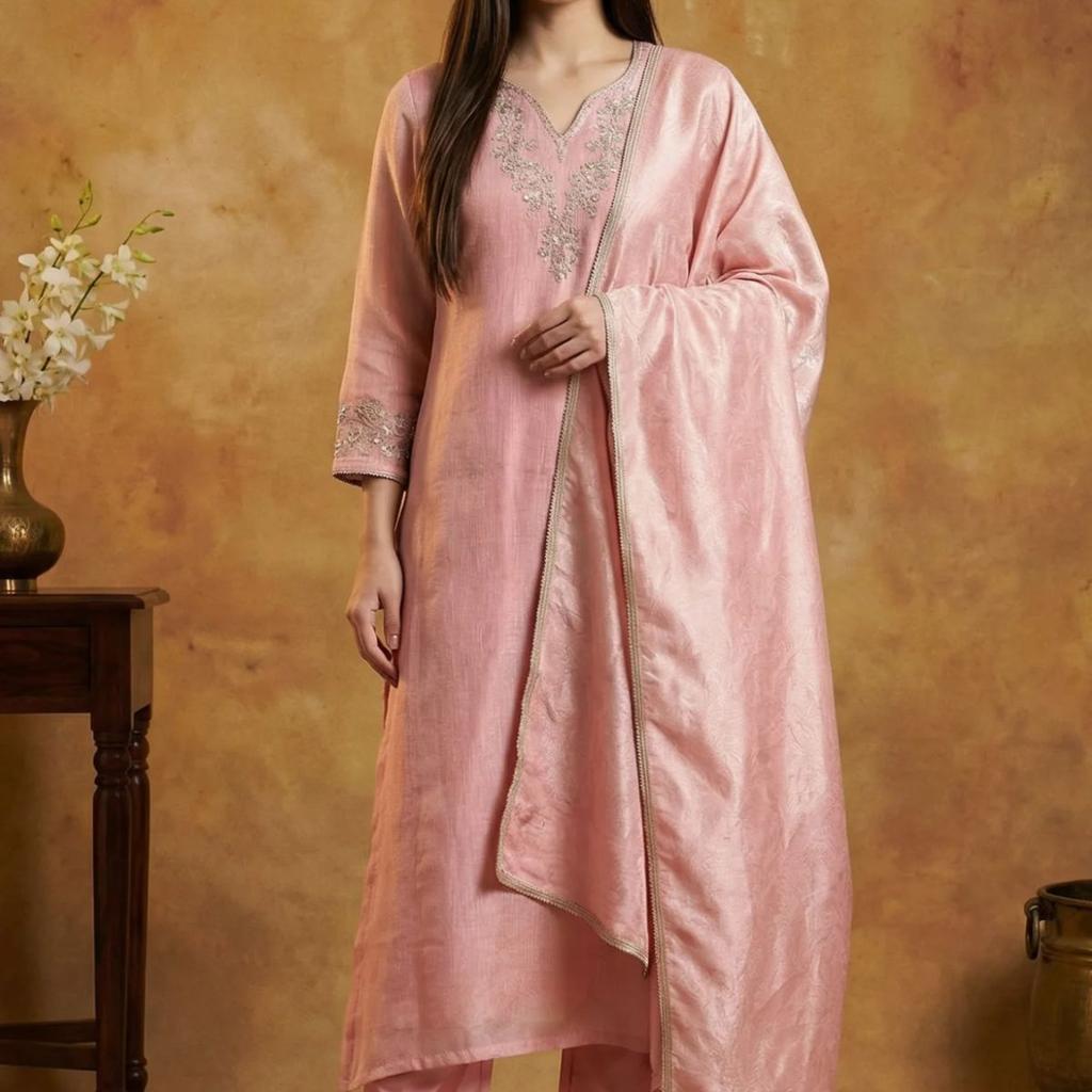 Pink Floral Tissue Straight Kurta with Straight Pant and Dupatta Set