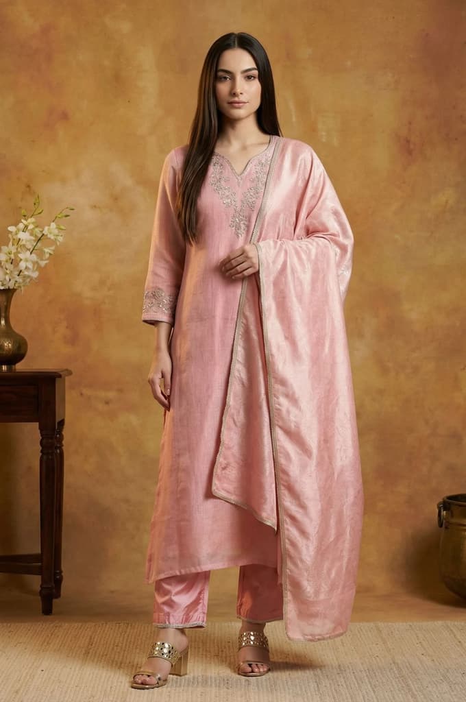 Pink Floral Tissue Straight Kurta with Straight Pant and Dupatta Set — XS