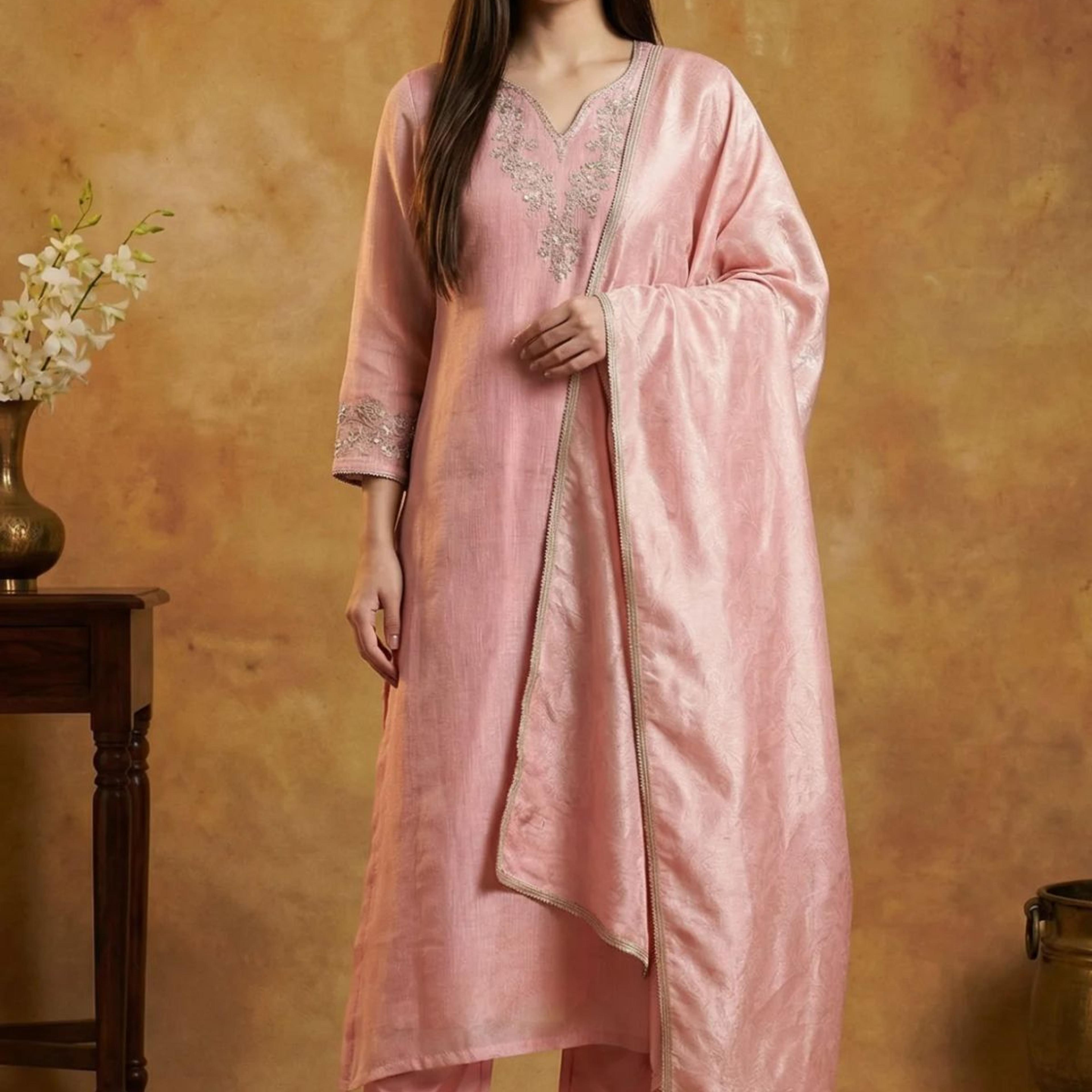 Pink Floral Tissue Straight Kurta with Straight Pant and Dupatta Set