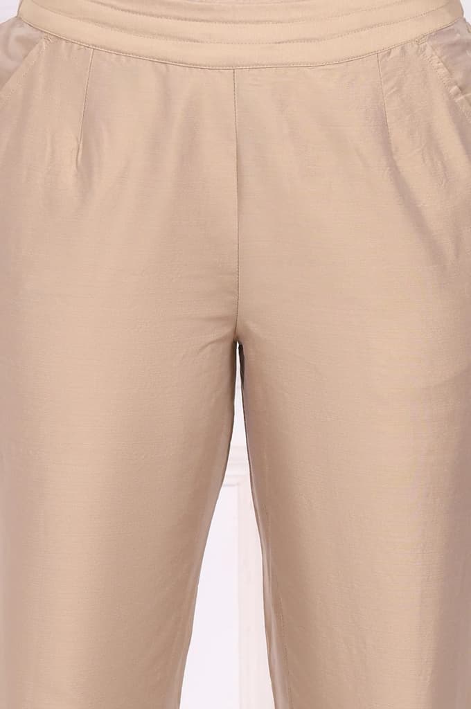 Beige Solid Embroidered Mid Rise Ankle Length Straight Pants — photo 6