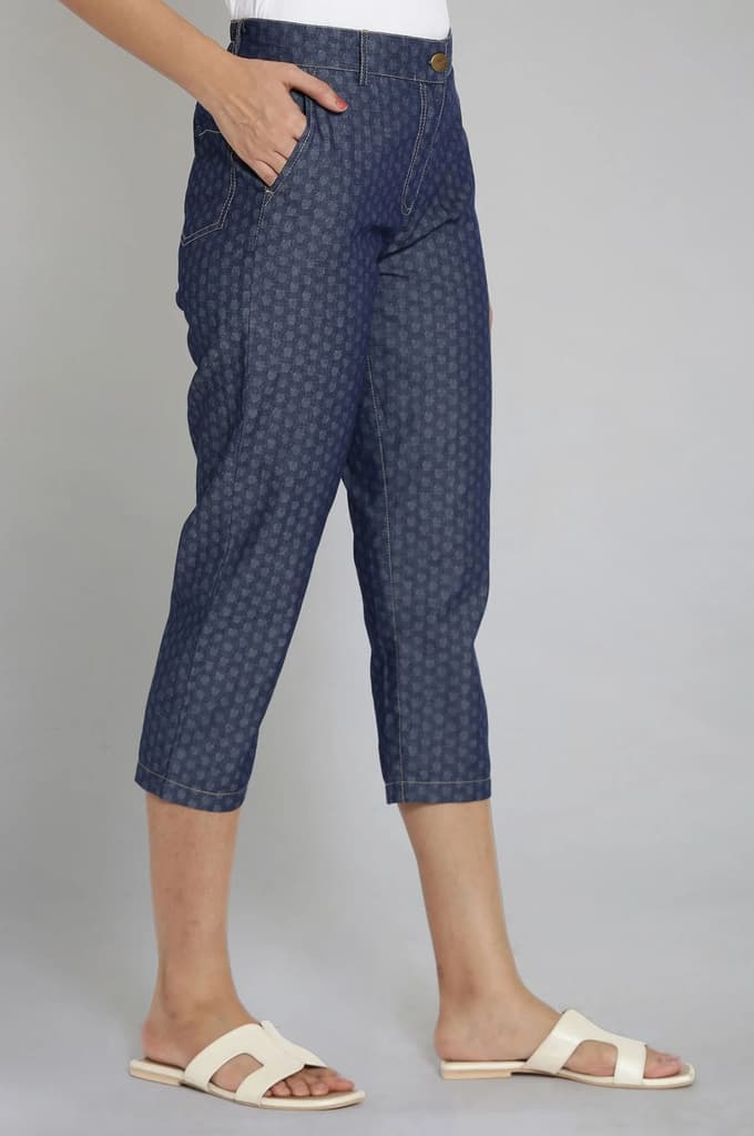 Blue Polka Dots Wide Leg Denim Culottes With Elasticated Waist — photo 4