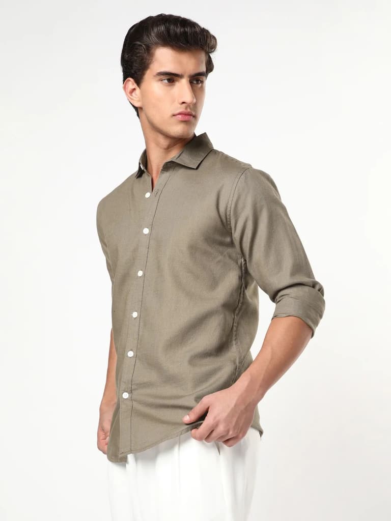 Men's Coffee Linen Blend Full Sleeve Relaxed Fit Casual Solid Shirt — photo 2