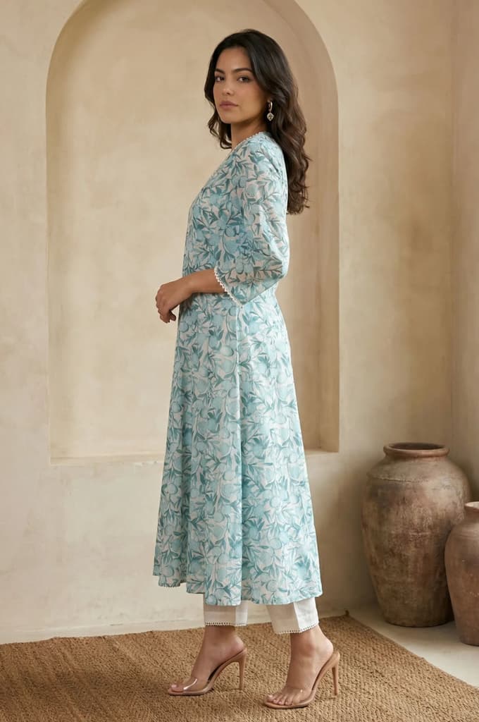 White and Green Floral Printed Kota Straight Kurta with Straight Pants and Dupatta Set — photo 4