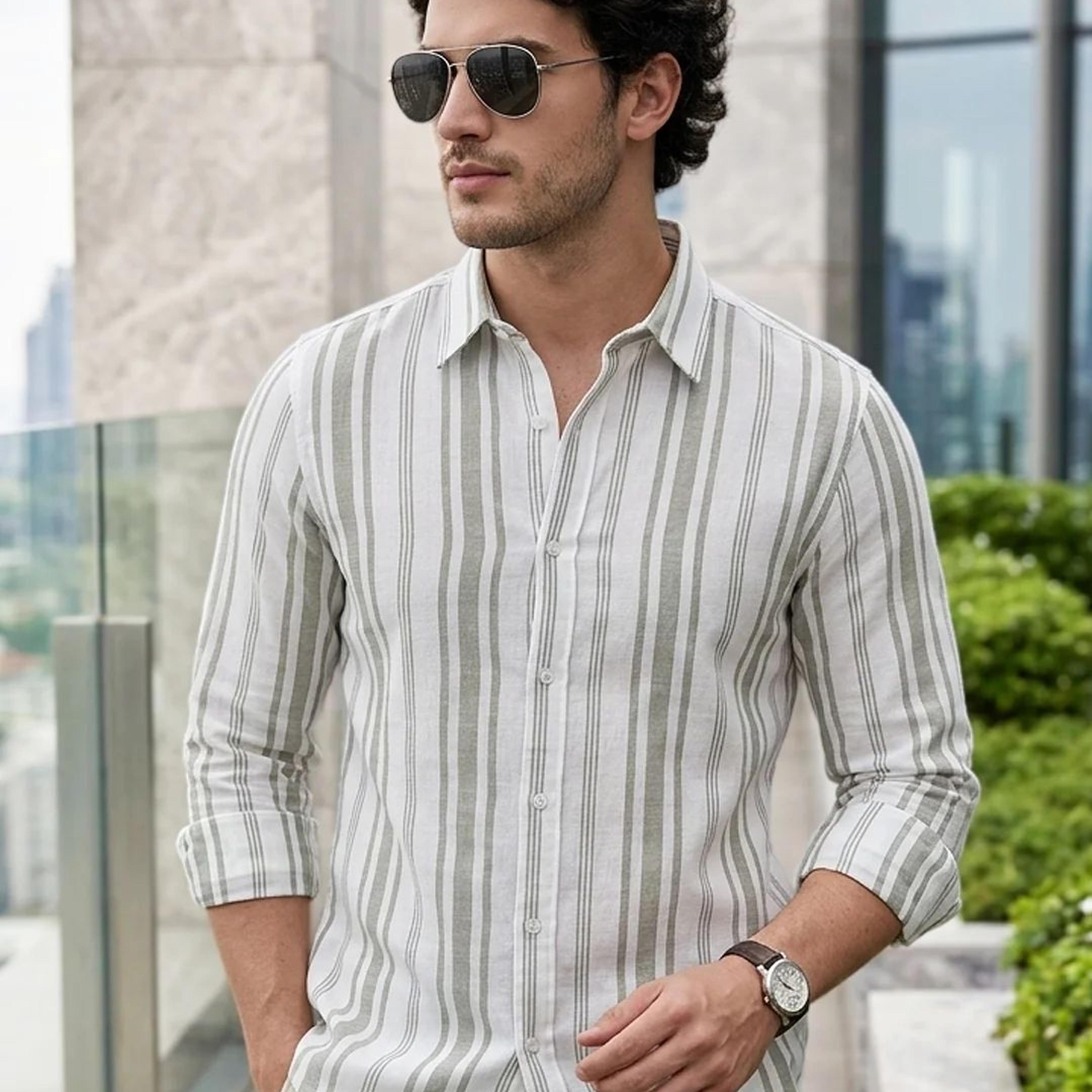 Men's Light Grey Cotton Full Sleeve Relaxed Fit Linen Striped Shirt with Spread Collar
