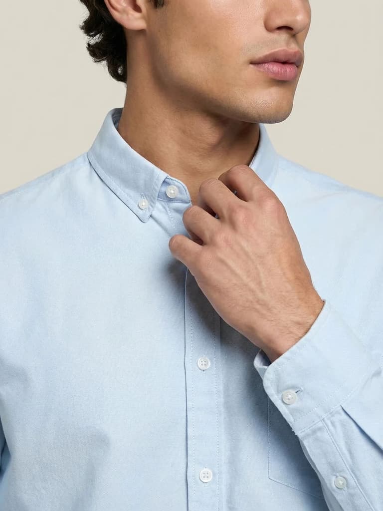 Men's Light Blue Cotton Full Sleeve Regular Fit Solid Oxford Shirt With Button-Down Collar — photo 5
