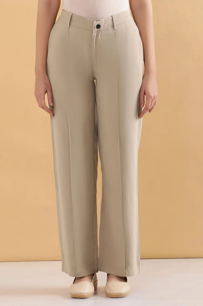 Beige Solid Straight Fit Woven Pants With Pintuck Detail — photo 2