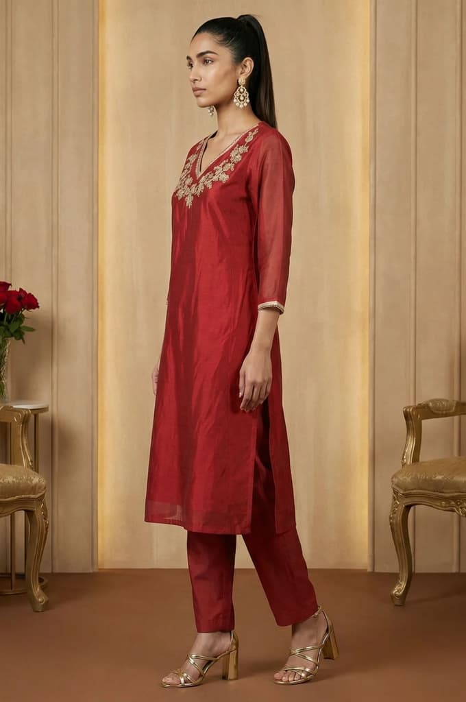 Maroon Yarn Dyed Zari Embroidered Straight Chanderi Kurta — photo 4
