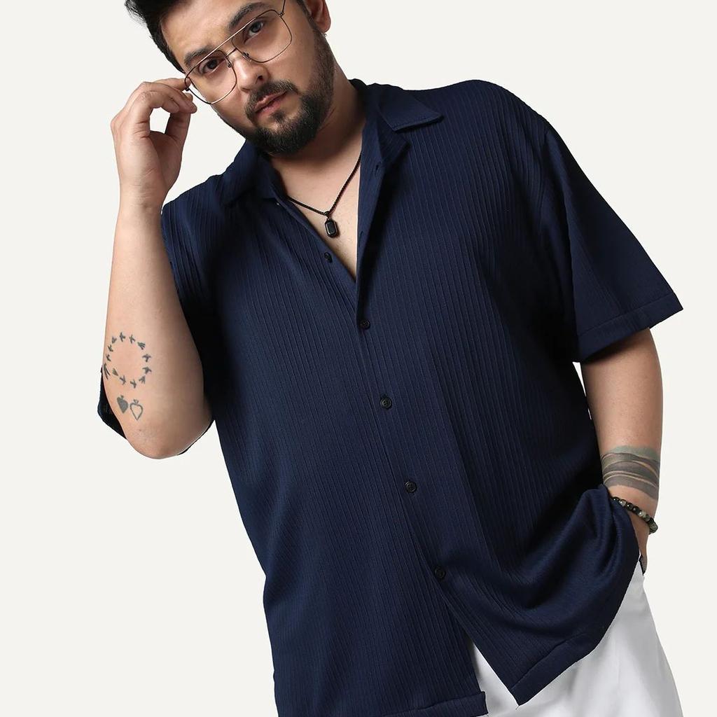 Plus Men's Navy Cotton Half Sleeve Oversized Fit Textured Shirt with Cuban Collar