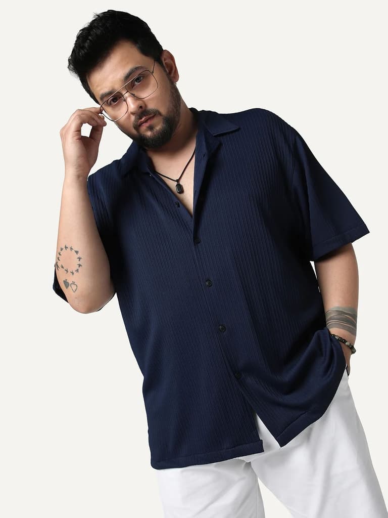 Plus Men's Navy Cotton Half Sleeve Oversized Fit Textured Shirt with Cuban Collar — 2XL / Navy