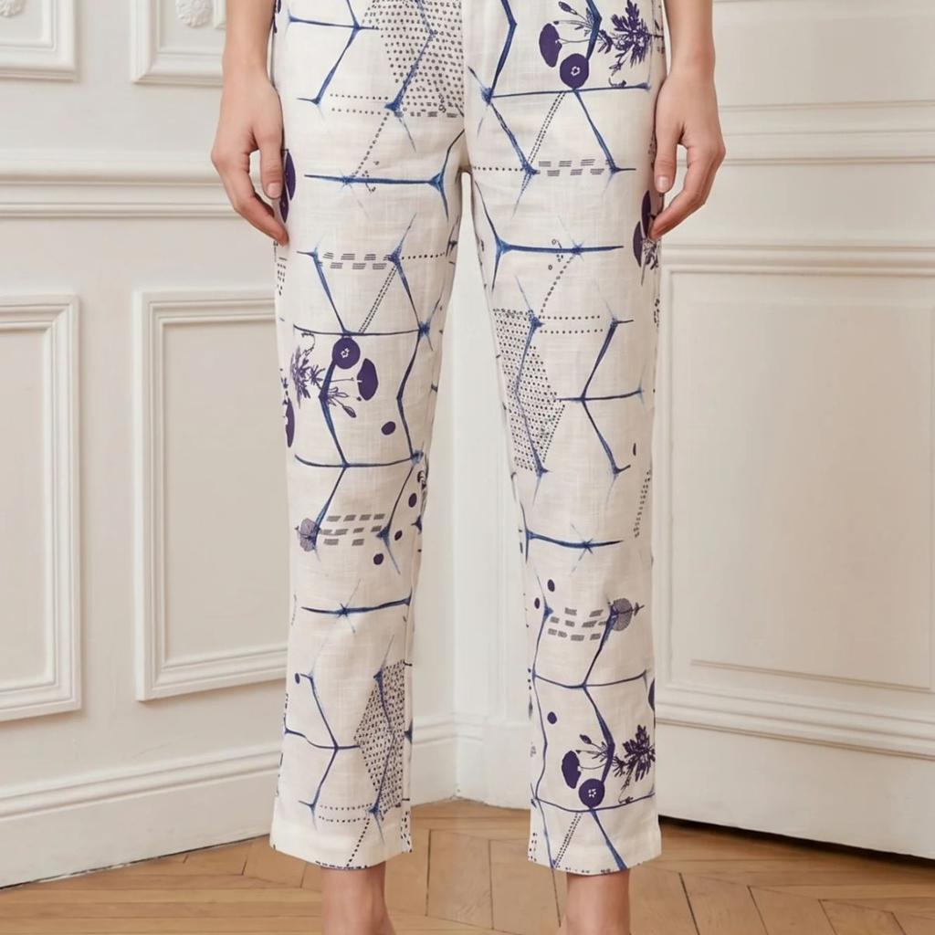 Off White Geometric Printed Pure Cotton Straight Fit Pants