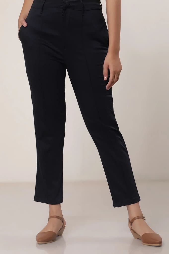 Black Solid Straight Fit Cotton Pants With Button And Zip Closure — photo 7