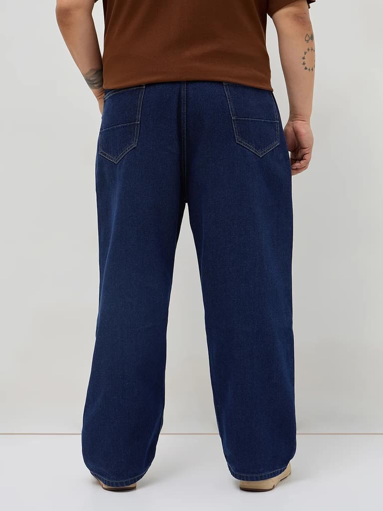 Plus Men's Dark Blue Loose Baggy Fit Raw Washed Denim Jeans Non-Stretchable — photo 3