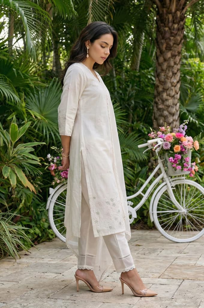 Off White Thread Embroidered Chanderi Straight Kurta with Straight Pants and Dupatta Set — photo 6