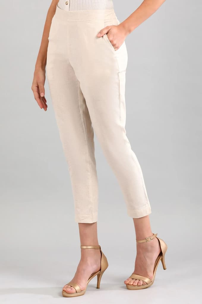 Beige Solid Straight Fit Cotton Trousers With Elasticated Back — photo 3