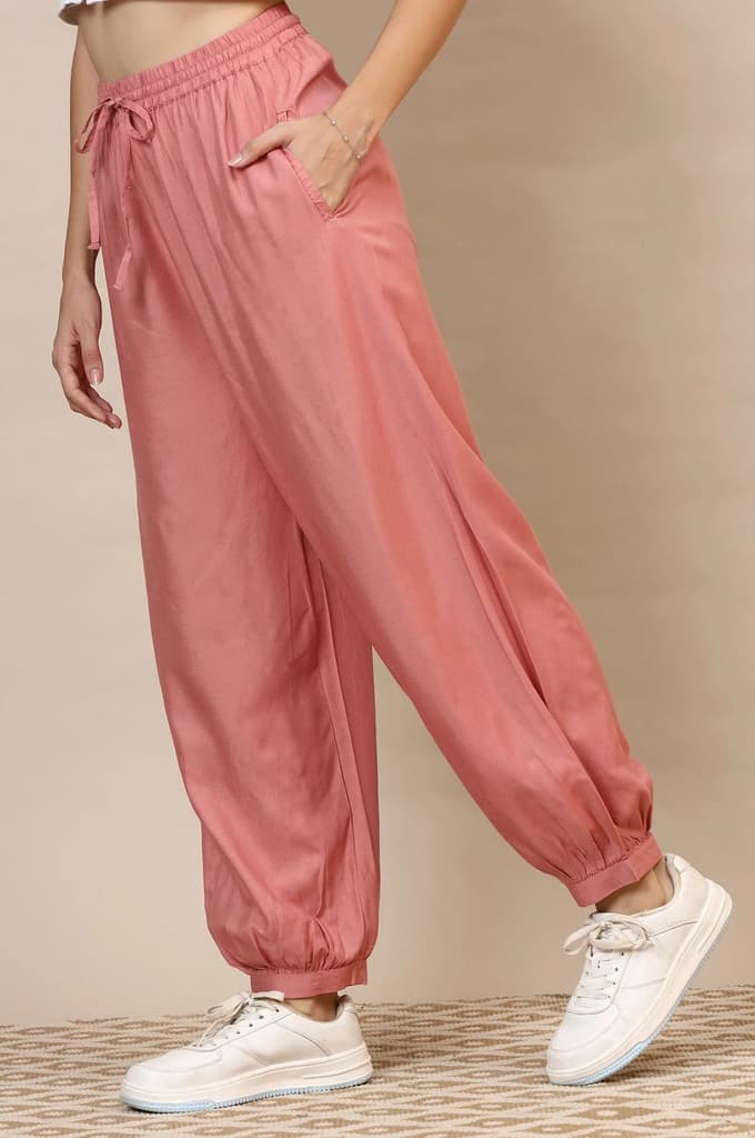 Pink Solid Loose Fit Rayon Dhoti Pants With Drawstring — photo 3