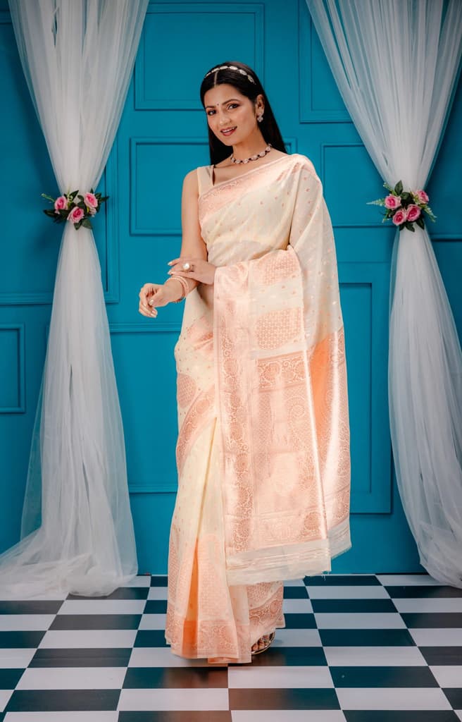 Mimosa Women's Woven Design Banarasi Style Art Silk Saree With Blouse Piece : SA00001779HWFREE — Halfwhite
