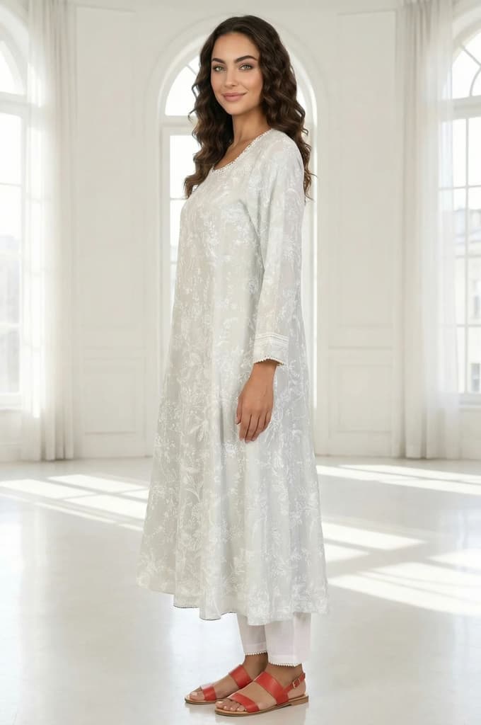 Grey Floral Printed Pure Cotton A-line Kurta with Lace — photo 3