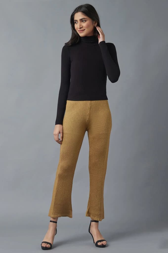Gold Solid Boot Cut Acrylic Palazzo With Elasticated Waist — photo 5