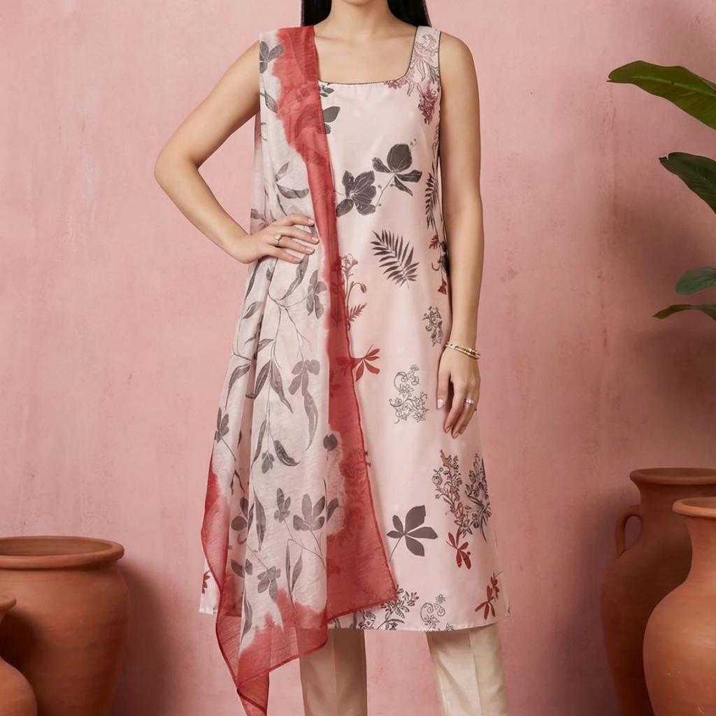 Cream Embroidered Floral Printed Chanderi A-line Kurta with Straight Pants and Dupatta Set