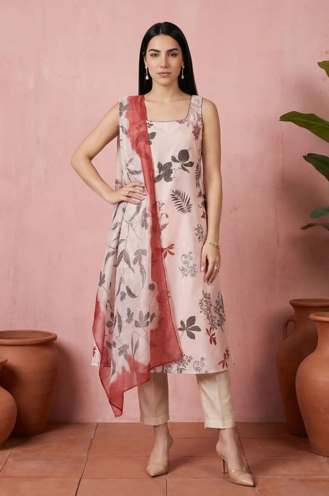 Cream Embroidered Floral Printed Chanderi A-line Kurta with Straight Pants and Dupatta Set — XS