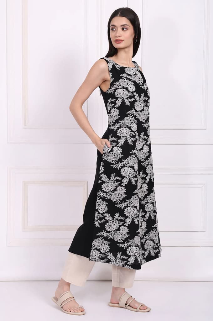 Black Embroidered A-Line Rayon Dress — photo 6