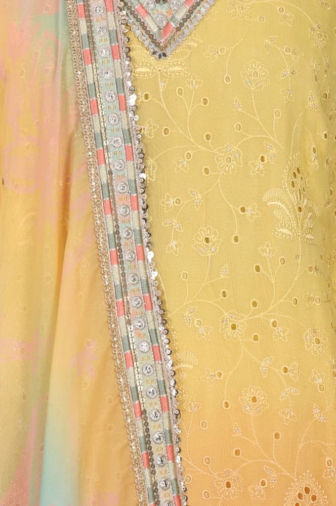 Yellow Ombre Thread Embroidered Georgette Straight Kurta with and Dupatta Set — photo 3