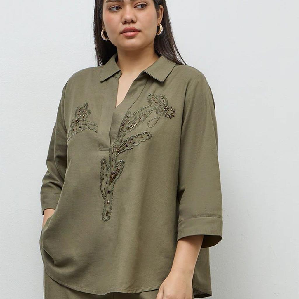 Gia Olive Floral Embellished Blouse