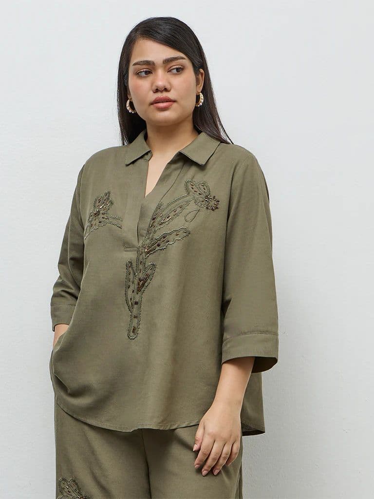 Gia Olive Floral Embellished Blouse