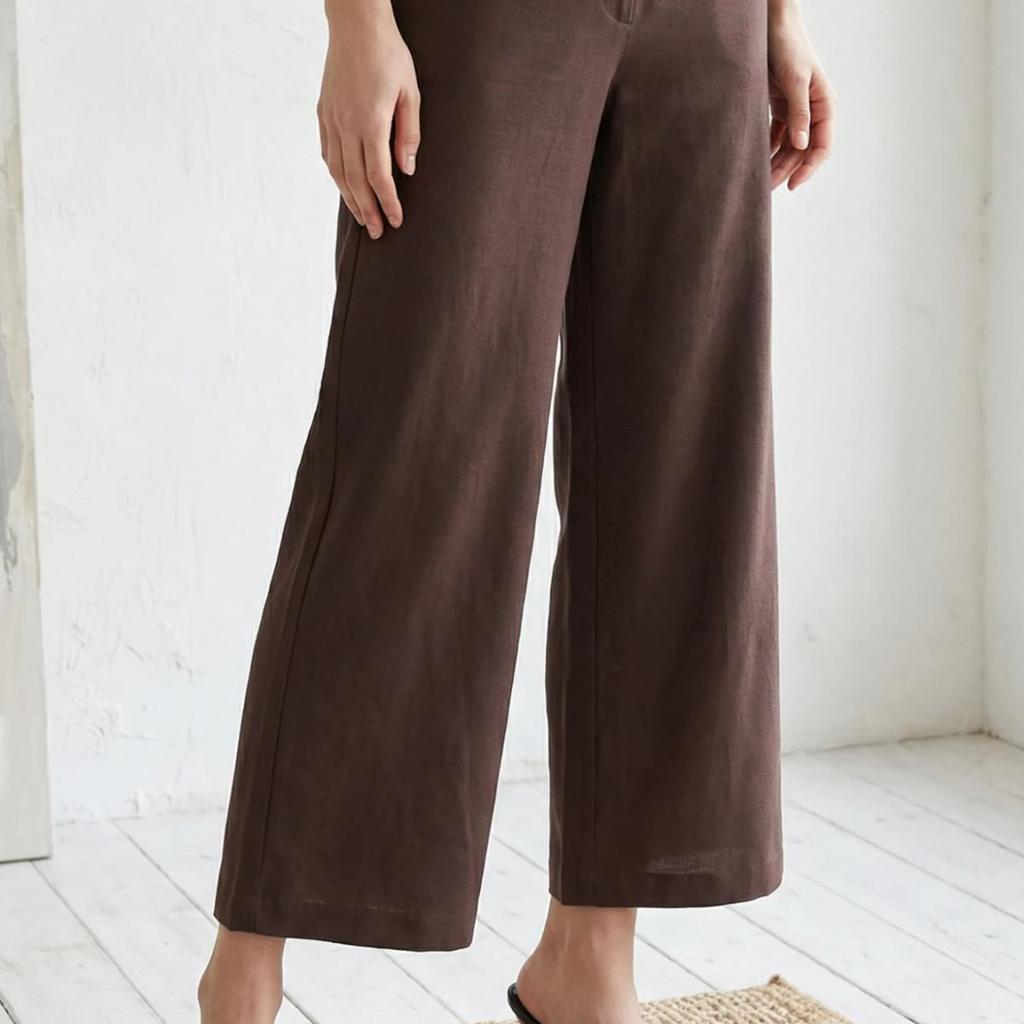 Navy Blue Solid Wide Leg Ankle Length High Rise Pants