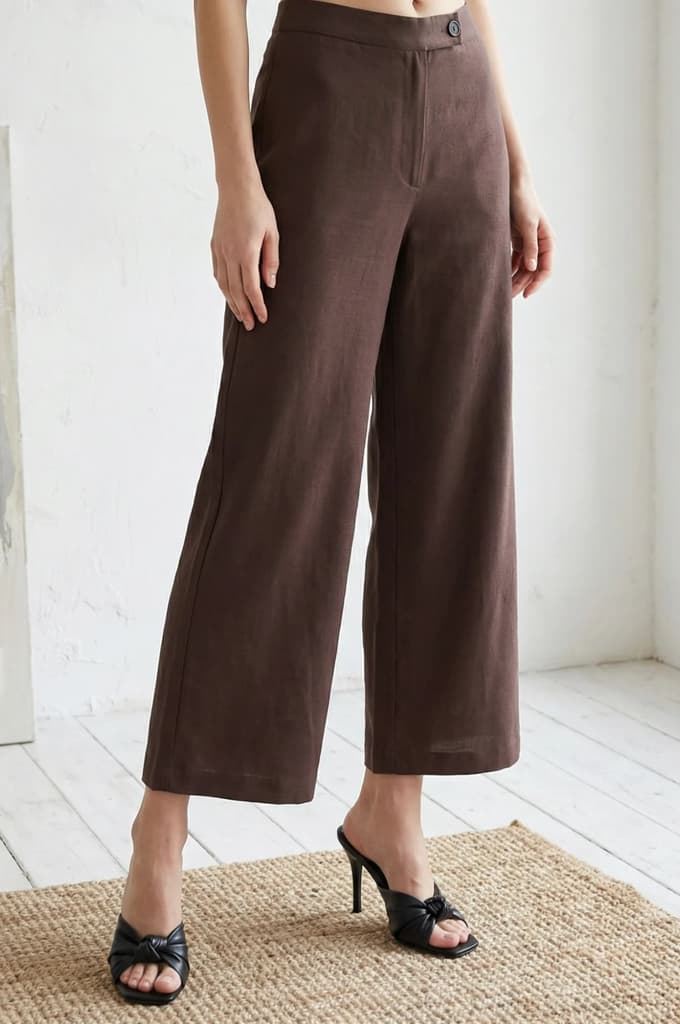Navy Blue Solid Wide Leg Ankle Length High Rise Pants — S