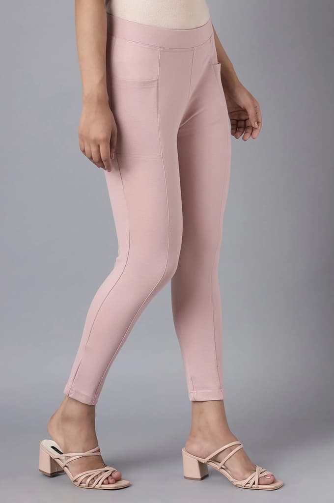 Pink Solid Straight Fit Tights With Elasticated Waist — photo 4