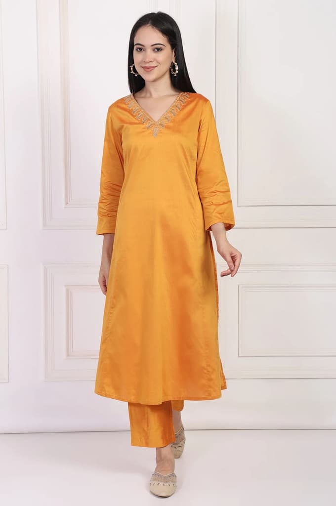 Orange Embroidered Flared Satin Kurta with Straight Pant Set — photo 2