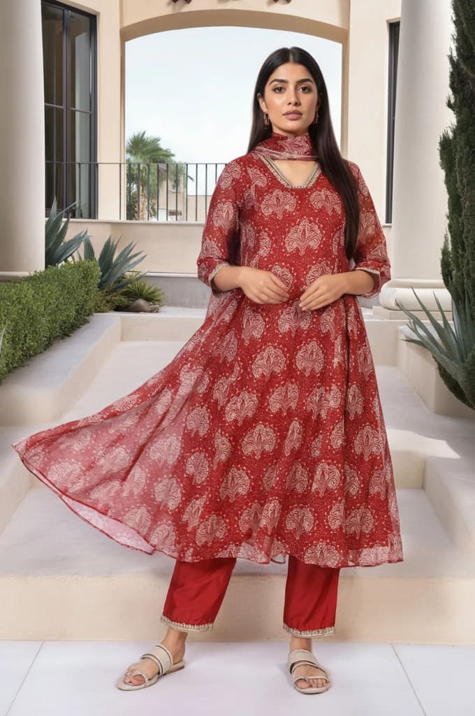 Red Ethnic Motifs Printed Embellished Anarkali Organza Kurta with Straight Pant and Dupatta Set — XS