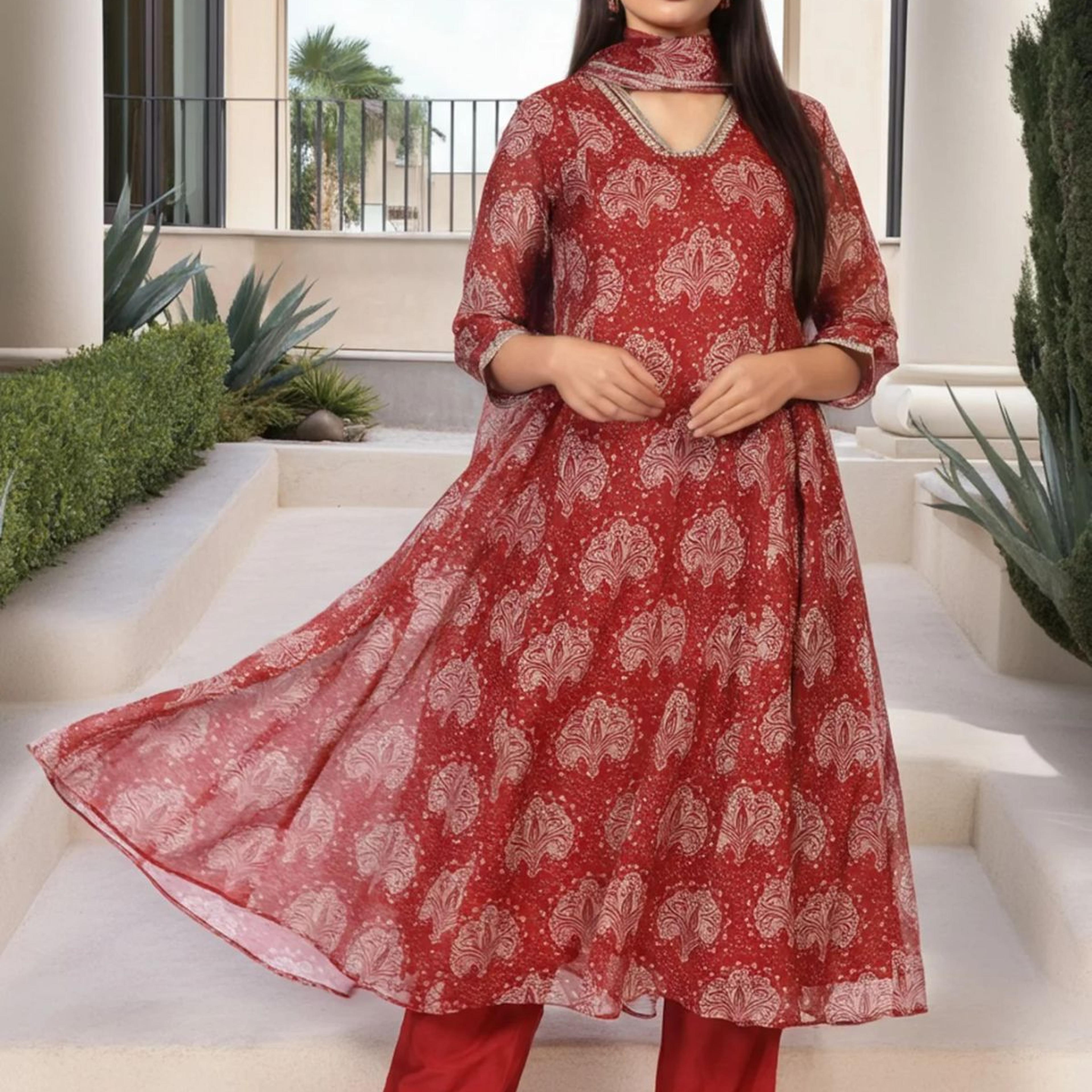Red Ethnic Motifs Printed Embellished Anarkali Organza Kurta with Straight Pant and Dupatta Set