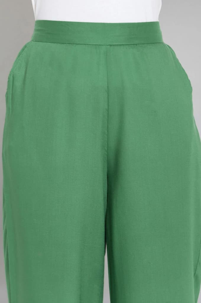 Muted Sage Green Solid Straight Fit Cotton Culottes With Elasticated Waist — photo 6