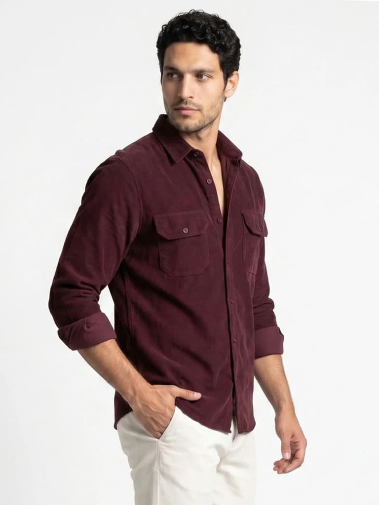 Men's Maroon Corduroy Full Sleeve Regular Fit Solid Overshirt with Utility Pockets — photo 2
