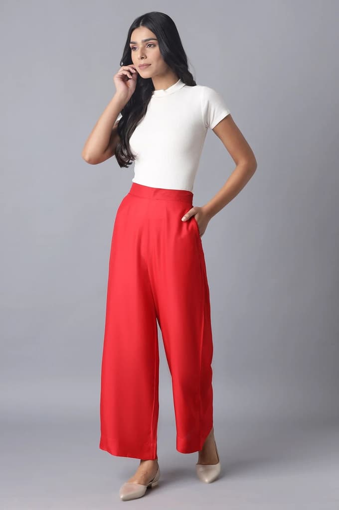 Red Solid Straight Fit Tencel Pants With Elasticated Waist — photo 5
