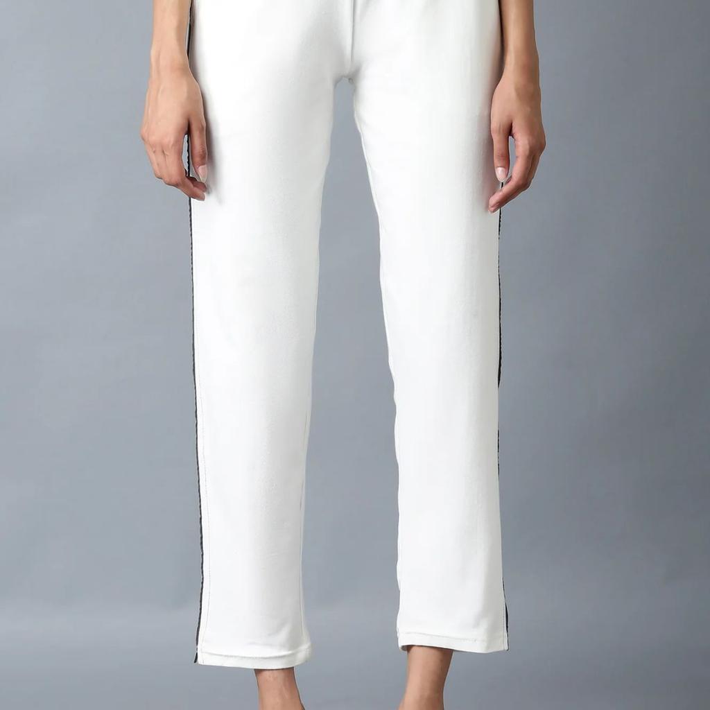 White Solid Straight Fit Cotton Pants With Elasticated Waistband