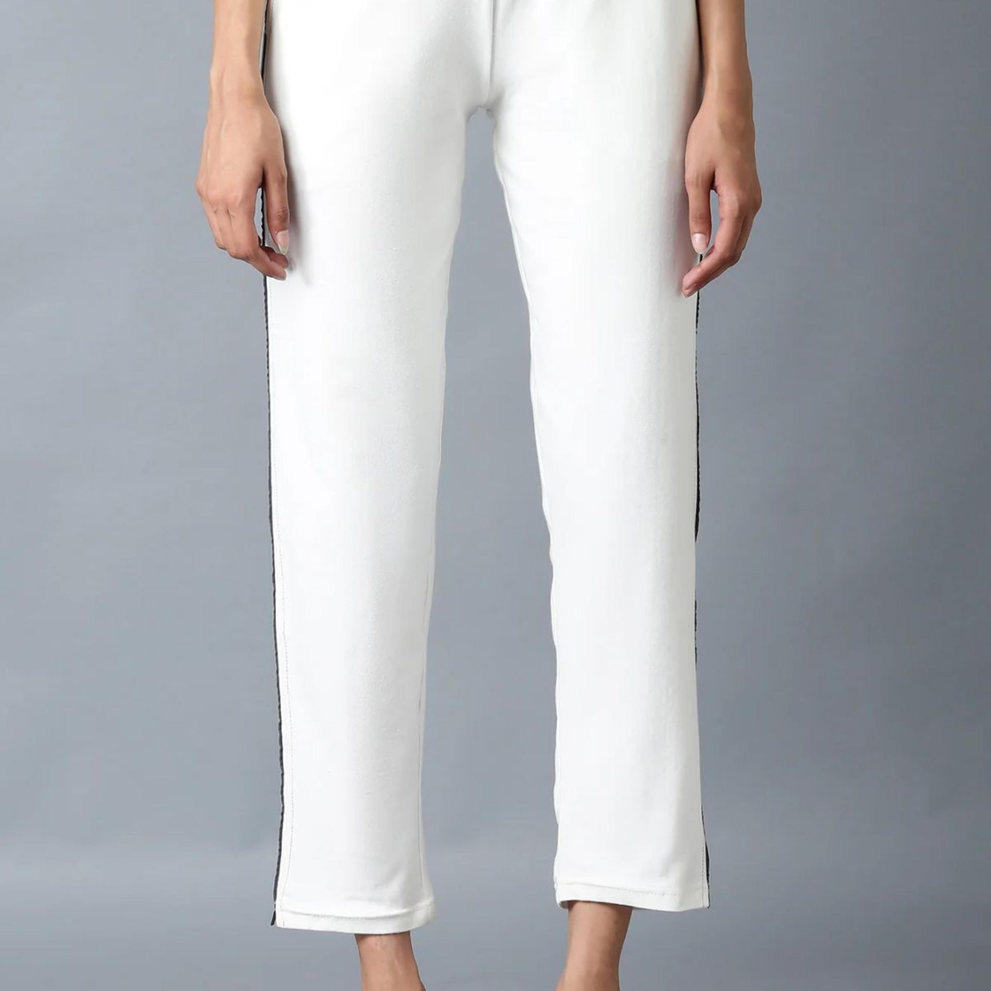 White Solid Straight Fit Cotton Pants With Elasticated Waistband