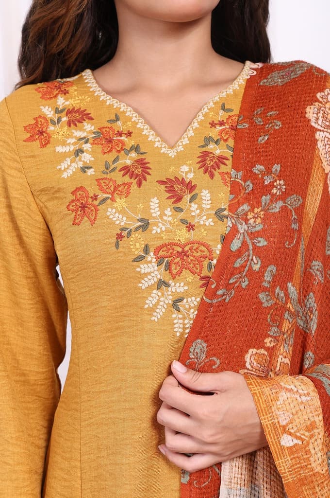 Mustard Floral Embroidered Straight Kurta with Straight Pant and Dupatta Set — photo 3