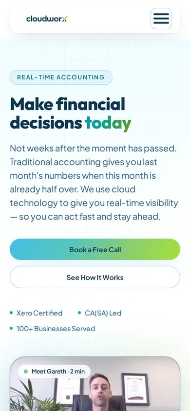 Cloudworx Accounting Solutions website on a phone