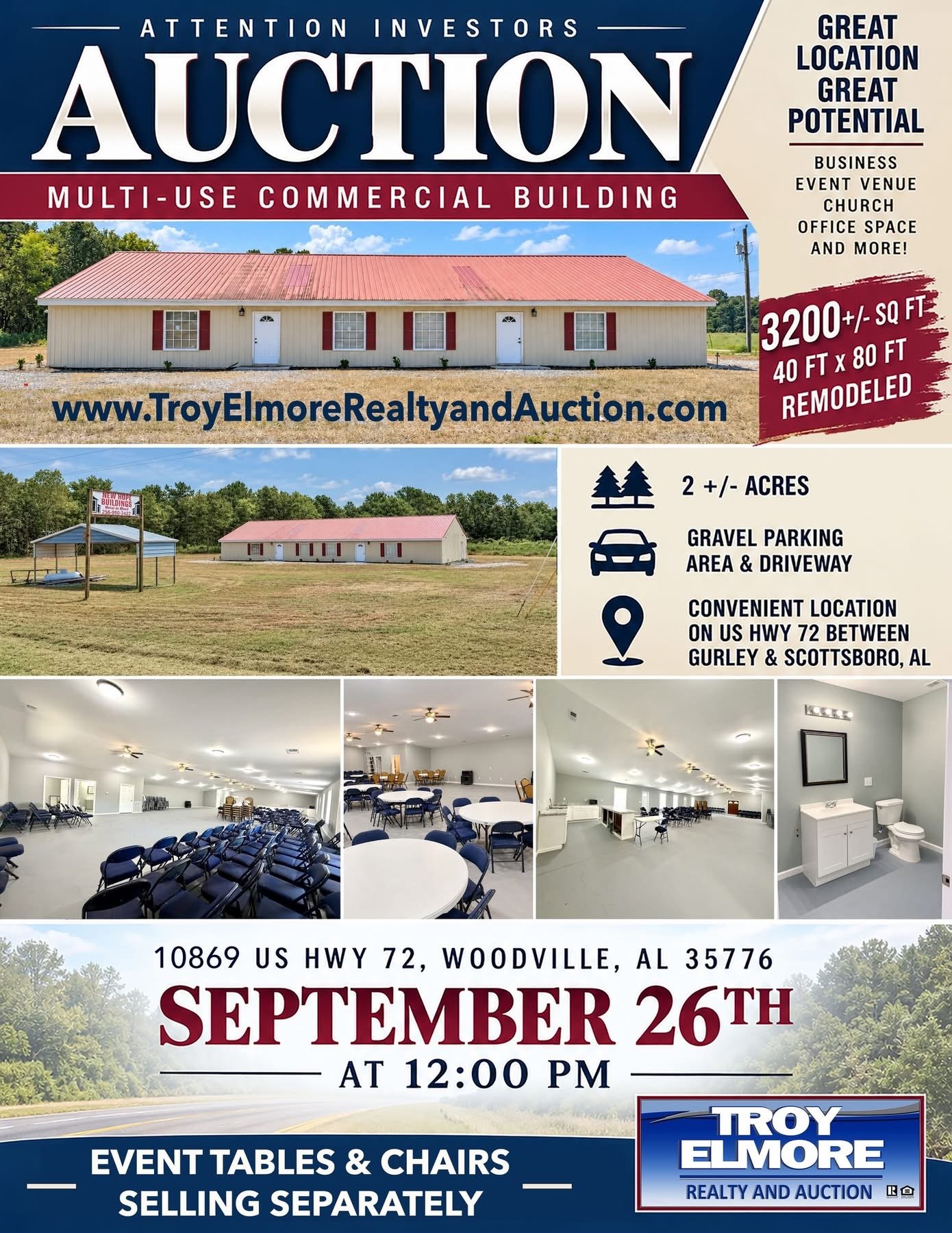 3,200 +/- SQ FT Multi-Use Commercial Bldg auction flyer