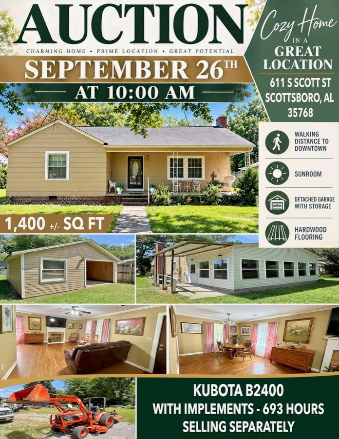 COZY HOME IN GREAT LOCATION - SUNROOM - TRACTOR auction flyer