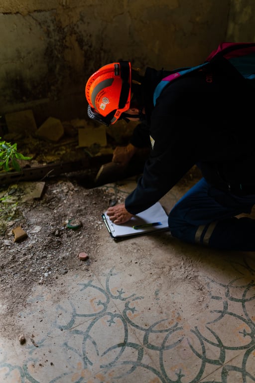 structural engineer inspecting house foundation